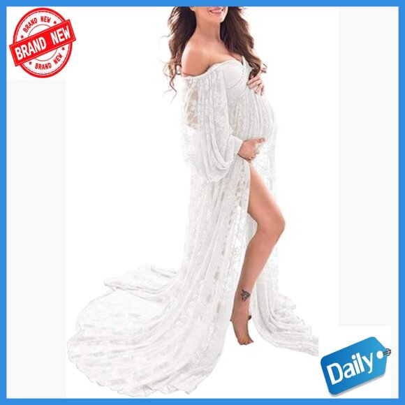 Dresses & Skirts - Soft Stretchy Lace Off Shoulder A-Line Maternity Maxi Dress for Photoshoot